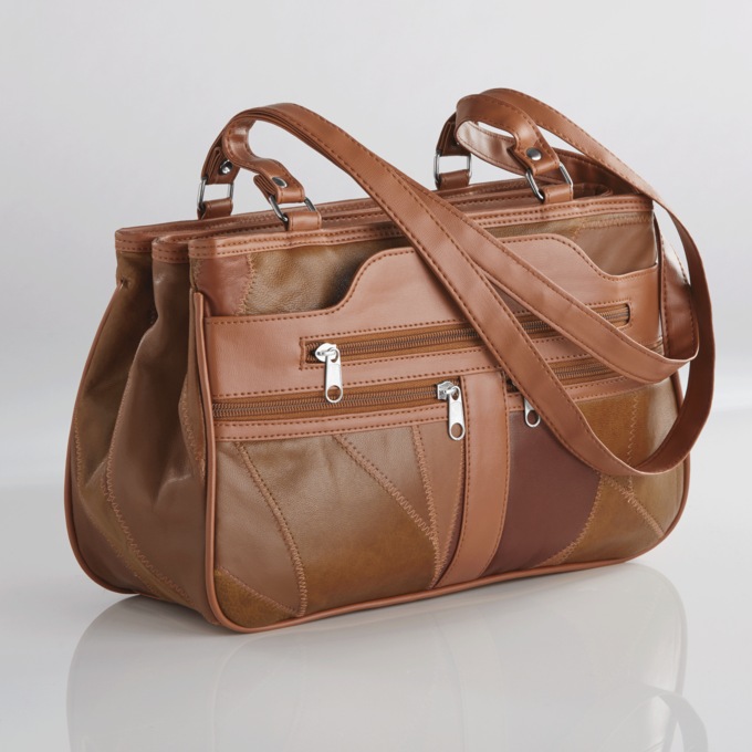 Patchwork Leather Handbag, Light Brown, large
