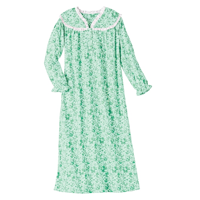 Flannel Cotton Nightgown with Lace Trim, , large