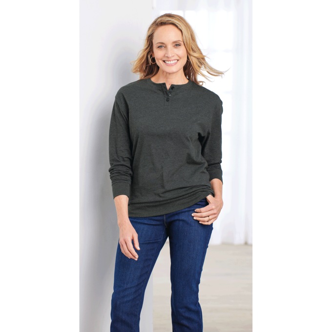 Long-Sleeve Banded-Bottom Henley, Charcoal, large