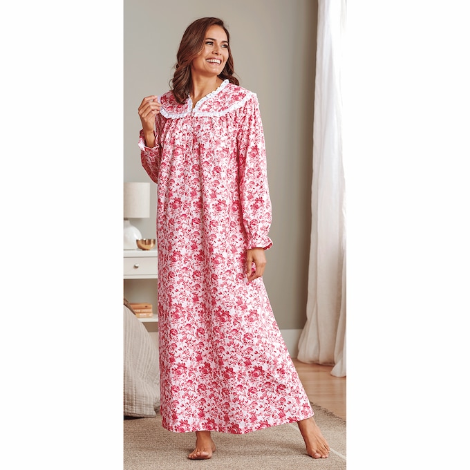 Flannel Cotton Nightgown with Lace Trim, , large