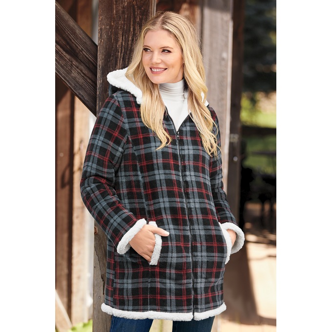 Women's Microfleece Zip-Front Coat with Faux-Sherpa Lining and Hood, , large