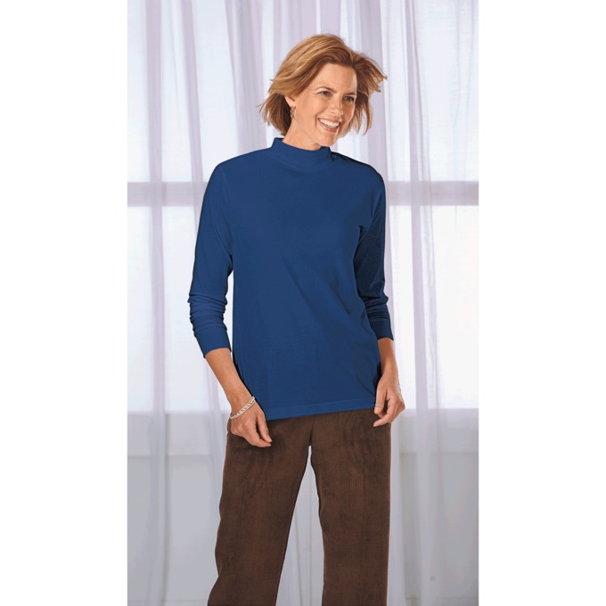 Long-Sleeve Mock Neck Top, Navy, large