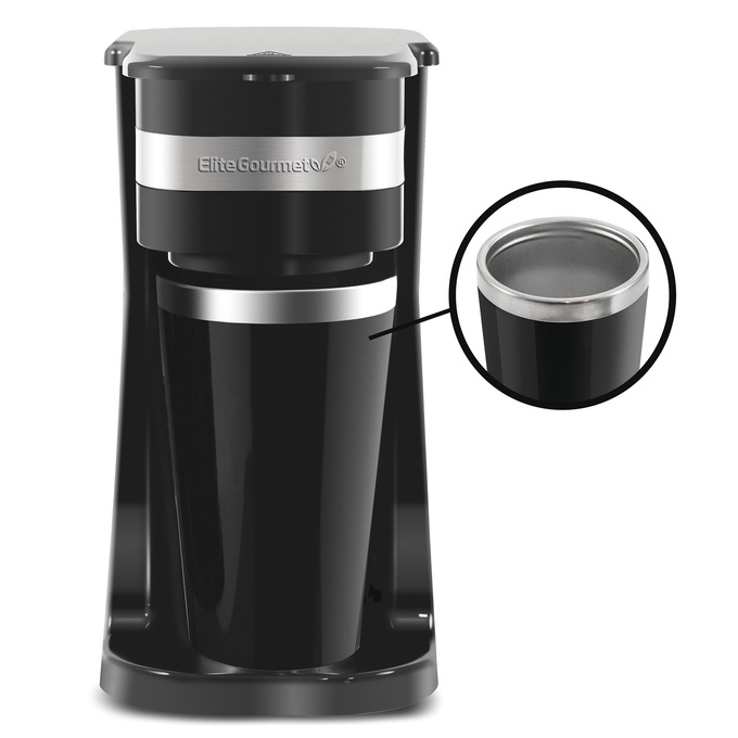 Elite Gourmet 1-Cup Coffee Maker with Travel Mug, Black, large