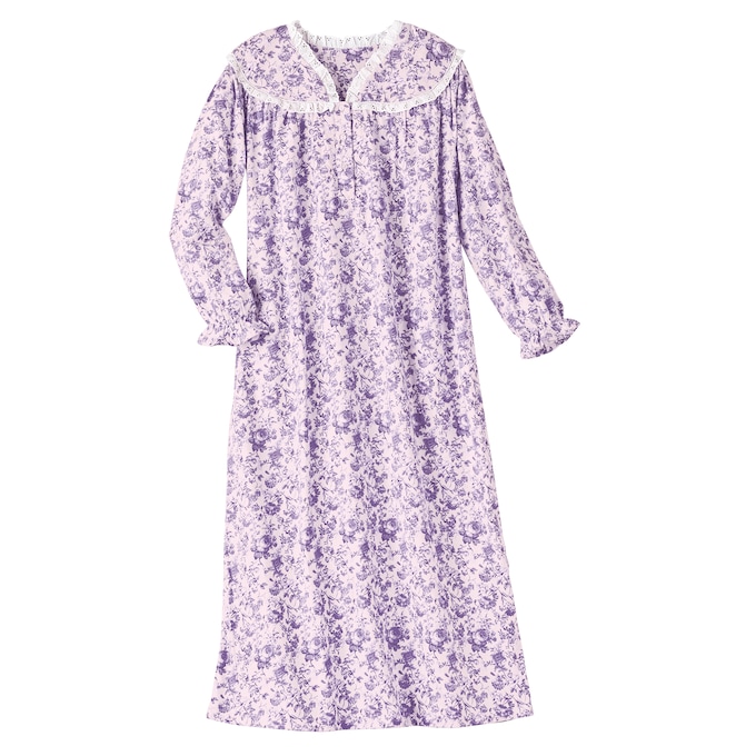 Flannel Cotton Nightgown with Lace Trim, , large
