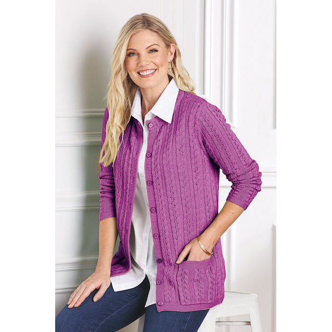 Cable Knit Cardigan, Lilac, large
