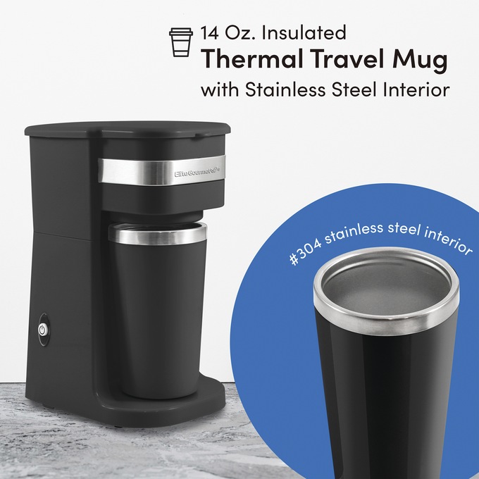 Elite Gourmet 1-Cup Coffee Maker with Travel Mug, Black, large